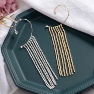 Luxury Shiny Crystal Rhinestone Long Tassel Ear Cuff No Pierced Ear Clip Earrings For Women Wedding Korean Trend Jewelry