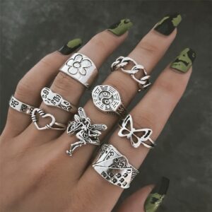 Hiphop Vintage Silver Color Poker Angel Wings Finger Rings for Women Punk Heart Butterfly Boho Knuckle Ring Sets Trend Jewelry