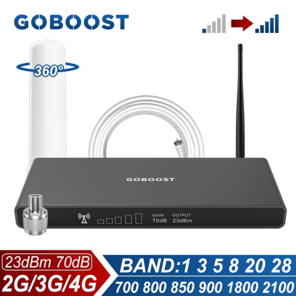GOBOOST 70dB Signal Booster 2G 3G 4G Cellular Amplifier LTE 700 800 850 900 1800 2100 MHz Network Repeater With 360° Antenna Kit