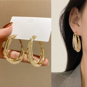 Korean Gold Color Metal Mesh Crystal Hoop Earrings Women Fashion Jewelry 2022 New Luxury Geometric Grid Big Circle Earings Femme