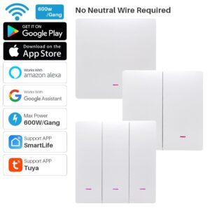 Tuya Smart Wifi Switch 220V No Neutral Wire Required 1/2/3 Gang Wall Light Button Switch Support Smart Lfie Alexa Google Home