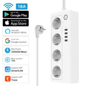 Tuya Wifi Smart Power Strip Plug 4 EU Socket Outlets With 4 USB Port Timing Voice Control Works With Alexa Google Assistant